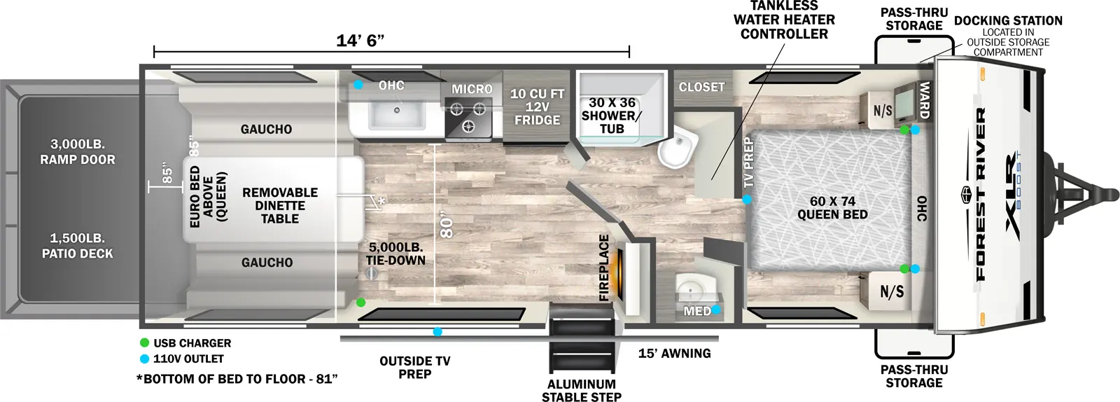 The XLR Boost 2514B floorplan is a toy hauler that has one entry and zero slide outs. Exterior features include: fiberglass exterior, 15' awning and  outside entertainment. Interiors features include: front bedroom and pass through bathroom.